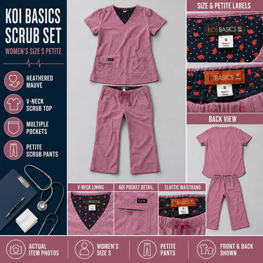 Koi Basics Women's Scrub Set V-Neck Top and Petite Pants Heathered Mauve Size S